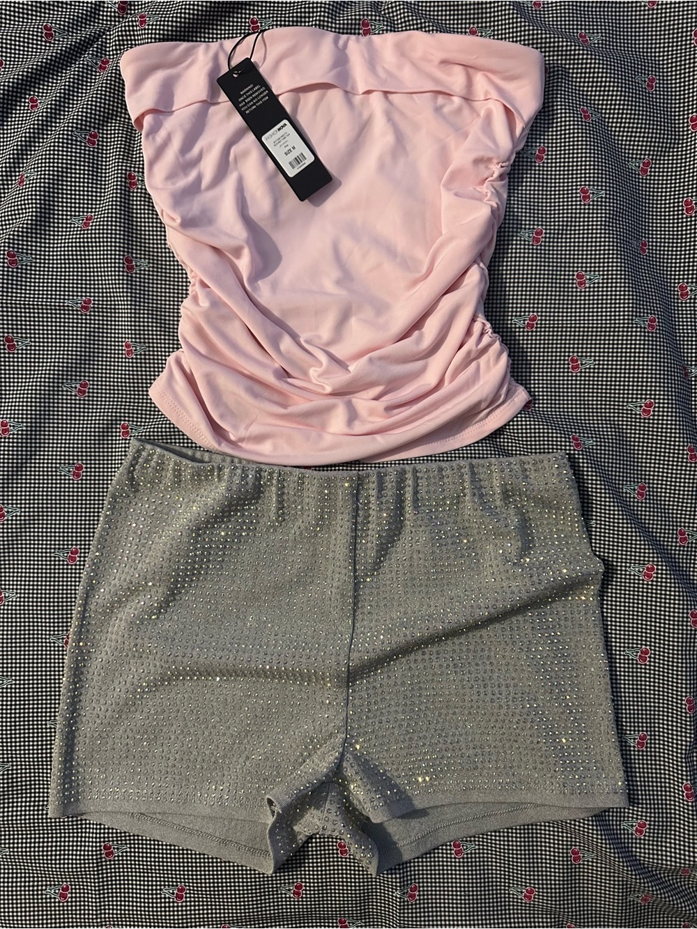 Fashion Nova Pink Tube Top with Silver Rhinestone Shorts